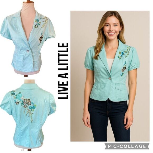 Live a Little Jackets & Blazers - Live A Little Aqua Blue Embroidered Rhinestone Lightweight Jacket Size Medium
